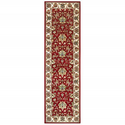 8' Red And Ivory Runner Rug Polypropylene