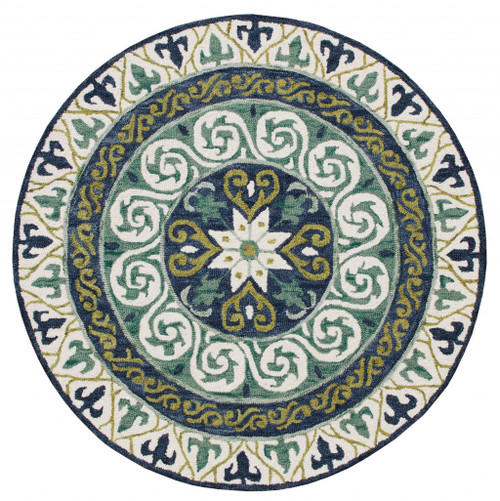 Homeroots Home Decor 5 Inch Round Blue And Green Ornate Medallion Area Rug