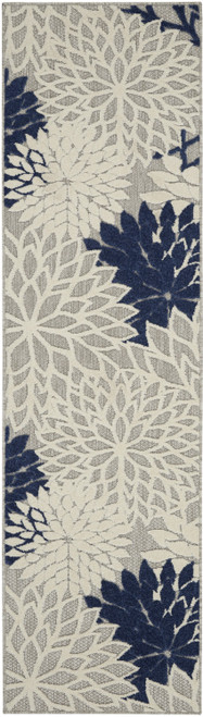 6' Ivory And Blue Floral Handmade Indoor Outdoor Runner Rug