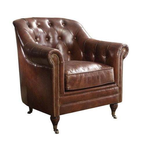 34" Vintage Dark Brown Top Grain Leather And Brown Tufted Chesterfield Chair