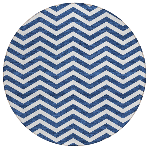 8' Navy Blue And Ivory Round Chevron Washable Indoor Outdoor Area Rug
