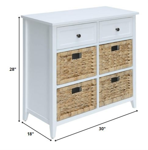 30" White Wood And Water Hyacinth Accent Cabinet With Six Drawers