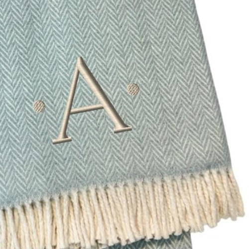 Herringbone Cotton Blend A Initial Throw Blanket with Tassels And Embroidery