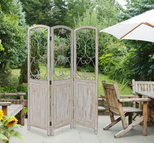 68" Beige Metal And Wood Folding Three Panel Screen Room Divider