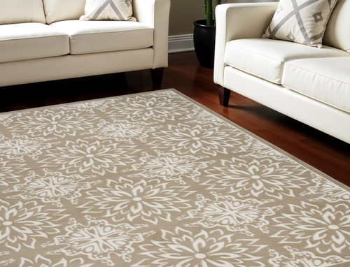 6' X 9' Taupe and Ivory Floral Non Skid Area Rug