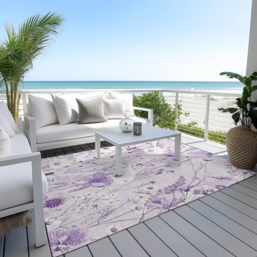 8' X 10' Lavender And Lilac Floral Washable Indoor Outdoor Area Rug