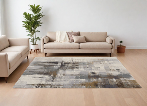 8' X 10' Ivory Gray and Brown Abstract Power Loom Area Rug