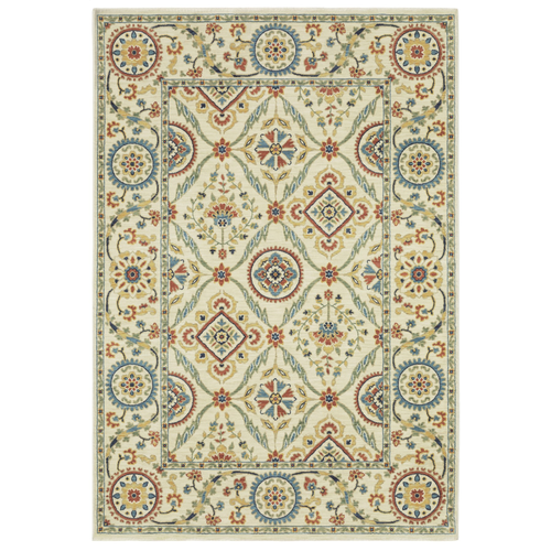 3' X 5' Ivory Blue And Burnt Orange Oriental Area Rug With Fringe