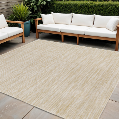 7' Ivory And Gold Square Abstract Indoor Outdoor Area Rug