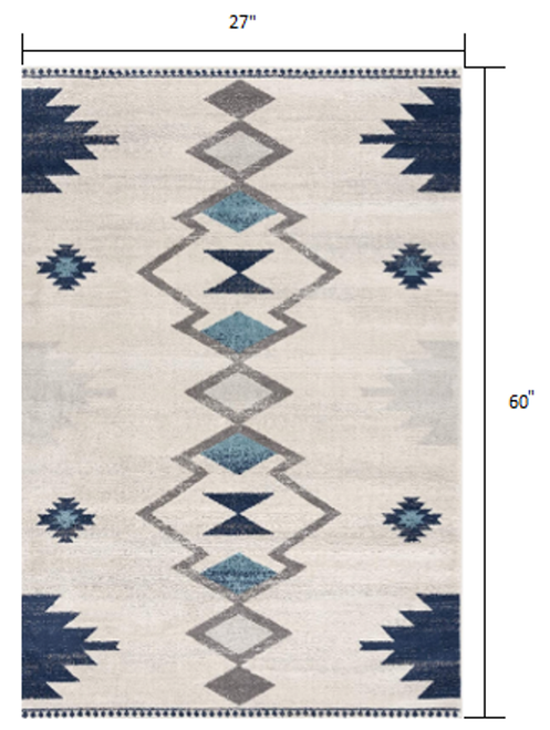 2' X 5' Blue and Ivory Southwestern Area Rug