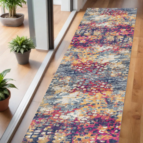 6' Runner Blue and Ivory Abstract Runner Rug