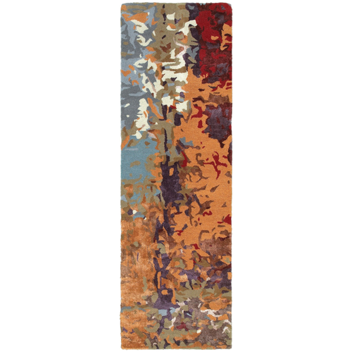 8' Orange Ivory And Teal Abstract Hand Tufted Runner Rug