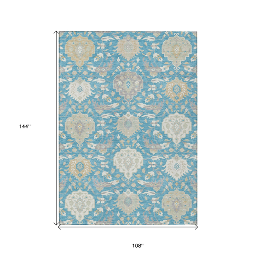 9' X 12' Teal Blue Gray And Ivory Damask Washable Indoor Outdoor Area Rug