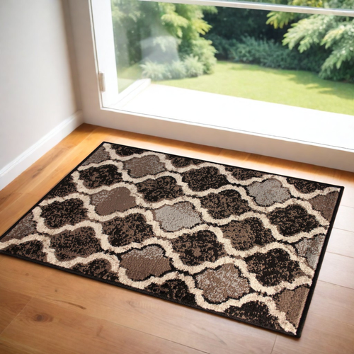 3' X 5' Brown Black And Ivory Quatrefoil Distressed Area Rug