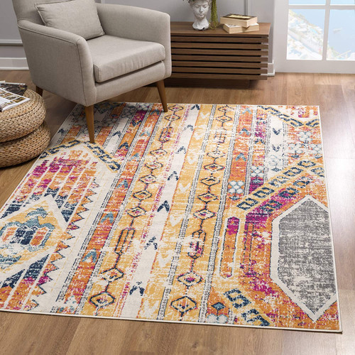 5’ X 8’ Gold And Ivory Distressed Tribal Area Rug