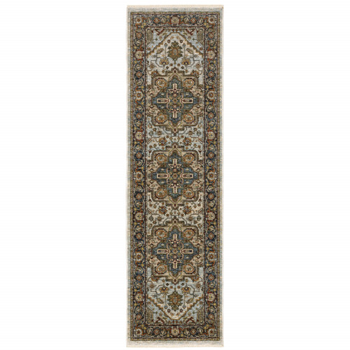 2' X 8' Ivory Beige Blue Orange Gold Green Grey And Rust Oriental Power Loom Stain Resistant Runner Rug With Fringe