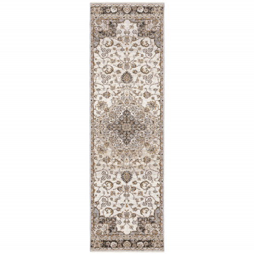 2' X 8' Ivory And Blue Oriental Power Loom Stain Resistant Runner Rug With Fringe