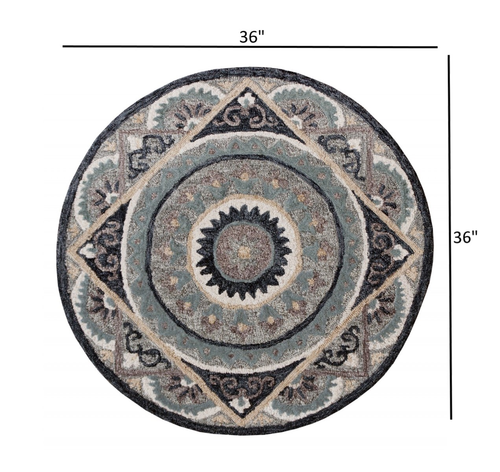 3' Round Gray Geometric Medallion Area Rug