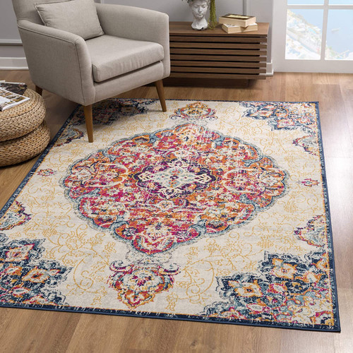 5’ X 8’ Cream Decorative Medallion Area Rug