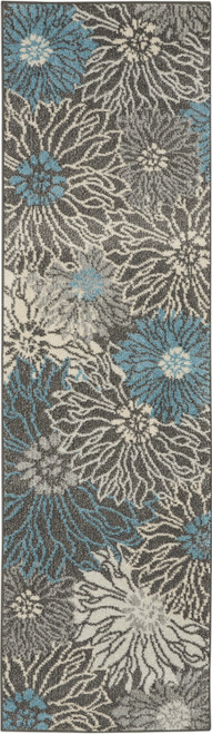 Homeroots Home Decor Charcoal and Blue Big Flower Runner Rug, 2 x 8 Inch