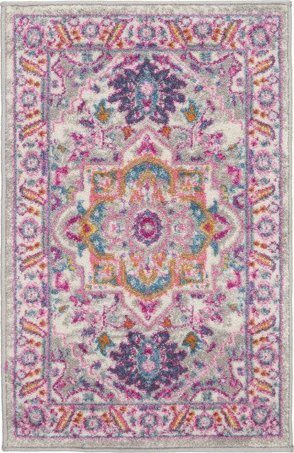 2' X 3' Light Gray And Pink Medallion Area Rug