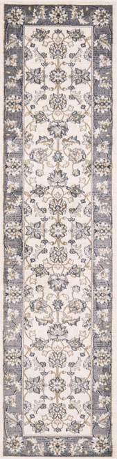 8' Gray And Ivory Floral Medallion Runner Rug Polypropylene