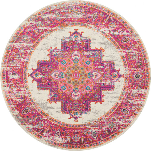 4' Ivory And Fuchsia Oriental Distressed Round Rug