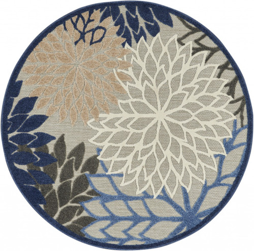 4' Blue And Gray Round Indoor Outdoor Area Rug