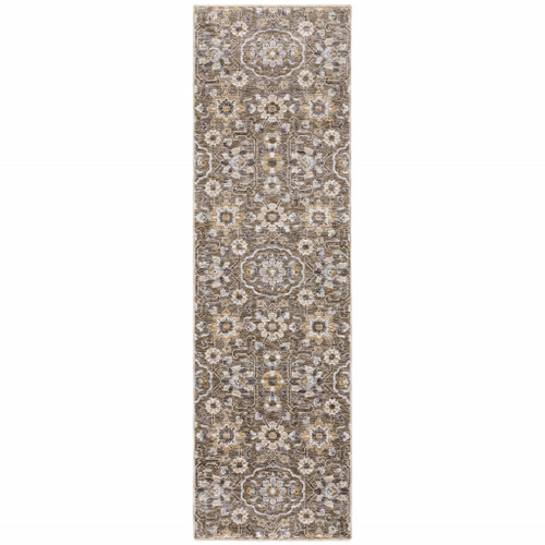 2' X 8' Grey And Tan Floral Power Loom Stain Resistant Runner Rug With Fringe