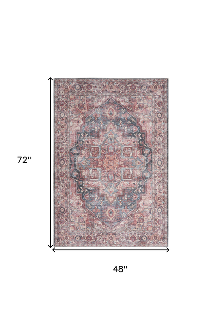 4' X 6' Multicolor Oriental Power Loom Distressed Washable Area Rug