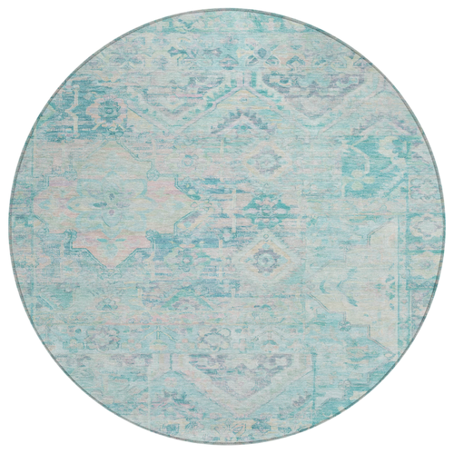 8' Teal Blue And Pink Round Floral Medallion Washable Indoor Outdoor Area Rug