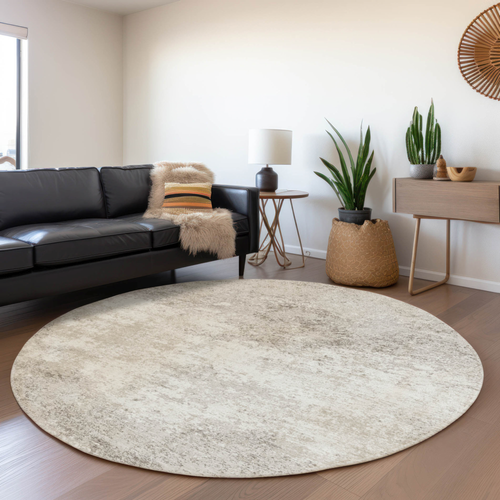 8' Ivory And Beige Round Abstract Washable Indoor Outdoor Area Rug