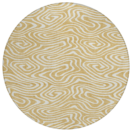 8' Gold And Beige Round Abstract Washable Indoor Outdoor Area Rug