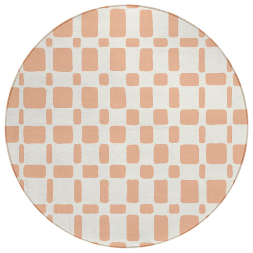 8' Peach And Beige Round Geometric Washable Indoor Outdoor Area Rug