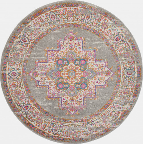 4' Gray And Gold Medallion Distressed Round Rug