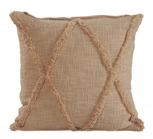 Set of Two Tan Diamond Cotton Throw Pillow With Fringe