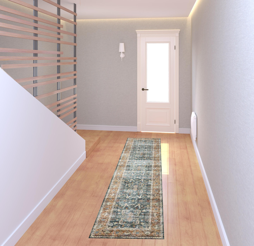 8' Blue And Rust Oriental Distressed Runner Rug