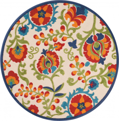 5' Green And Ivory Round Indoor Outdoor Area Rug