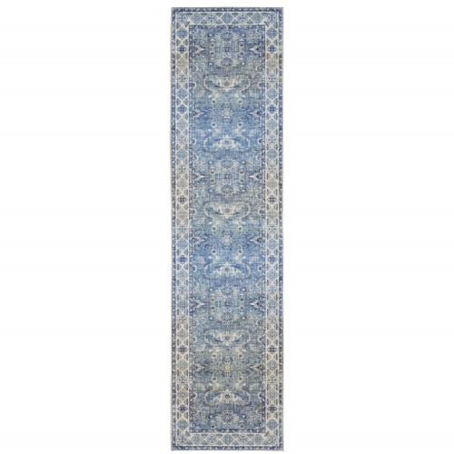 8' Blue and Gray Oriental Power Loom Runner Rug
