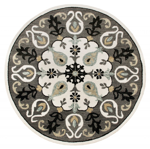 Homeroots Home Decor 5 Inch Round Gray And White Floral Medallion Area Rug