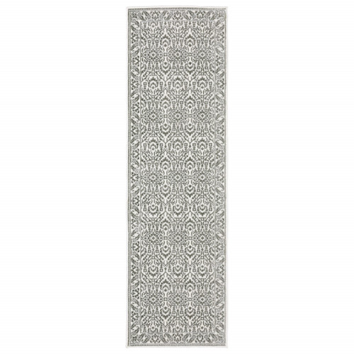 2' X 8' Grey And White Floral Power Loom Stain Resistant Runner Rug