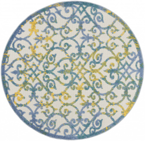 Homeroots Home Decor Ivory and Blue Indoor Outdoor Area Rug, 4 Inch Round
