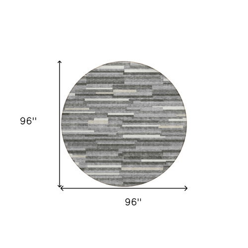 8' Gray And Ivory Round Striped Washable Indoor Outdoor Area Rug