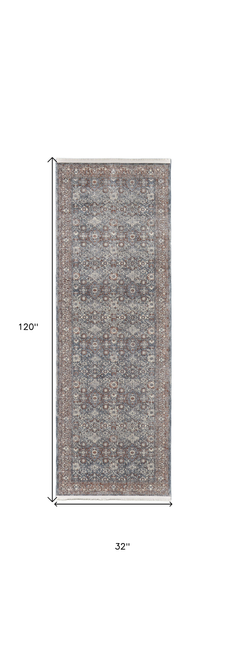 10' Blue Beige And Red Floral Runner Rug With Fringe