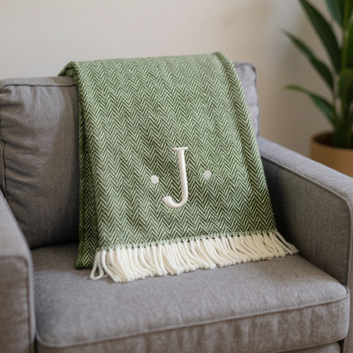 Herringbone Cotton Blend J Throw Blanket with Tassels And Embroidery