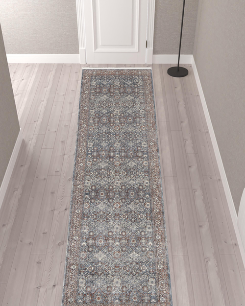 12' Blue Beige And Red Floral Runner Rug