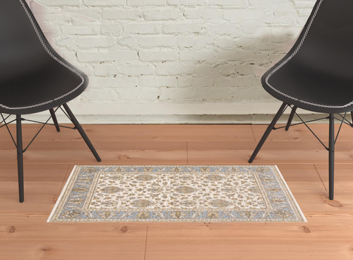 2' X 3' Ivory And Blue Oriental Power Loom Stain Resistant Area Rug With Fringe