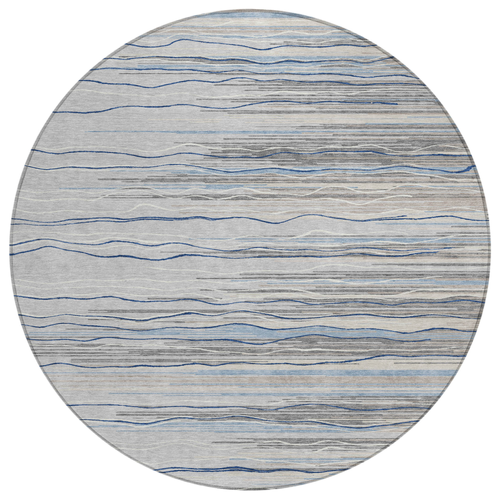 8' Gray Silver And Blue Round Striped Washable Indoor Outdoor Area Rug