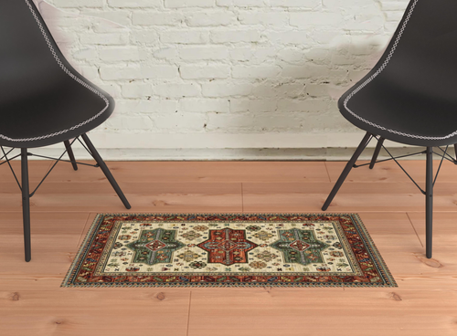 2' X 3' Brick Red Orange Rust Beige Gold Pale Blue Olive Navy And Black Oriental Power Loom Stain Resistant Area Rug With Fringe