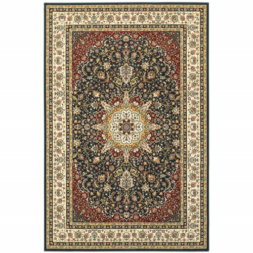 4' X 6' Navy And Ivory Oriental Power Loom Stain Resistant Area Rug Polypropylene